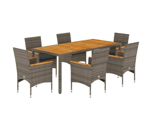 Set de comedor jardín 7 pzas con cojines ratán PE acacia gris