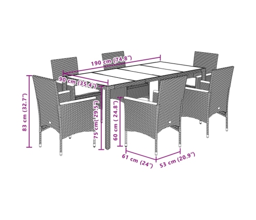 Set de comedor jardín 7 pzas con cojines ratán PE acacia gris