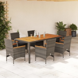 Set de comedor jardín 7 pzas con cojines ratán PE acacia gris