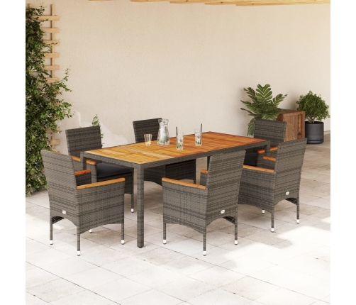 Set de comedor jardín 7 pzas con cojines ratán PE acacia gris