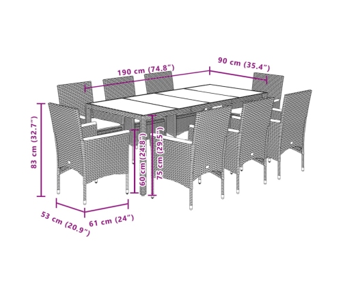 Set de comedor jardín 9 pzas con cojines ratán PE acacia gris