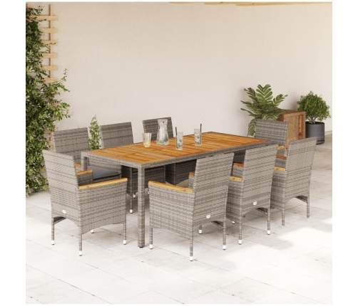 Set de comedor jardín 9 pzas con cojines ratán PE acacia gris
