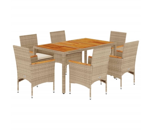 Set de comedor jardín 7 pzas con cojines ratán PE acacia beige