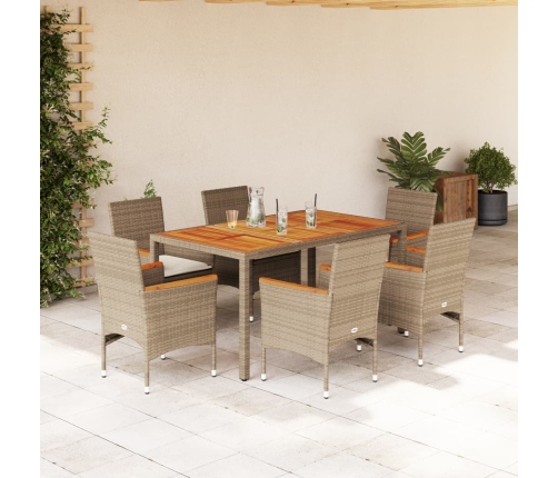 Set de comedor jardín 7 pzas con cojines ratán PE acacia beige