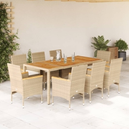 Set de comedor jardín 9 pzas con cojines ratán PE acacia beige