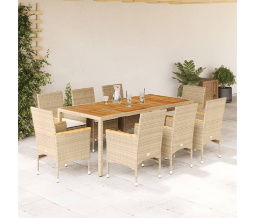 Set de comedor jardín 9 pzas con cojines ratán PE acacia beige