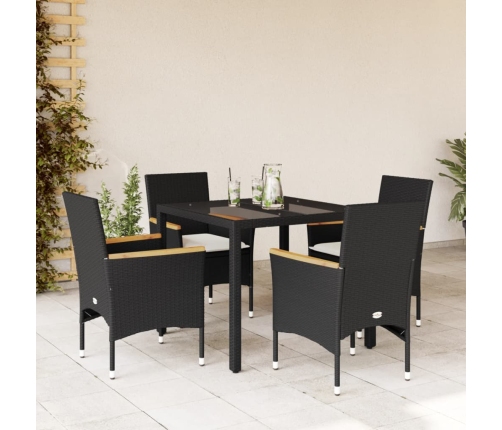 Set comedor jardín 5 pzas cojines ratán sintético vidrio negro