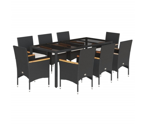 Set comedor jardín 9 pzas cojines ratán sintético vidrio negro