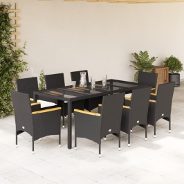 Set comedor jardín 9 pzas cojines ratán sintético vidrio negro