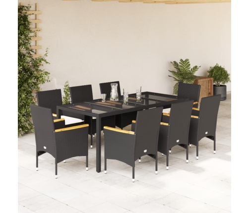 Set comedor jardín 9 pzas cojines ratán sintético vidrio negro