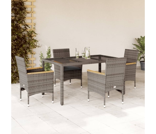 Set comedor jardín 5 pzas y cojines ratán sintético vidrio gris