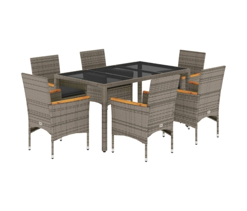 Set comedor jardín 7 pzas y cojines ratán sintético vidrio gris