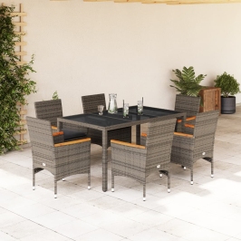 Set comedor jardín 7 pzas y cojines ratán sintético vidrio gris