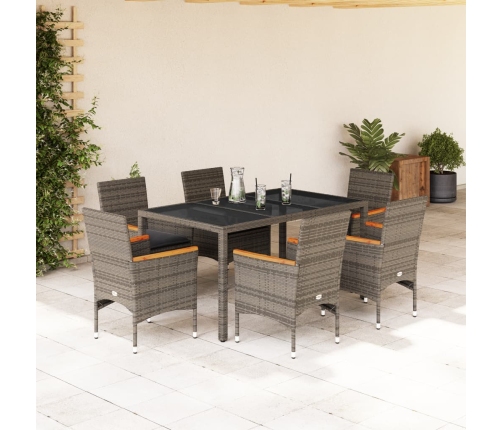 Set comedor jardín 7 pzas y cojines ratán sintético vidrio gris