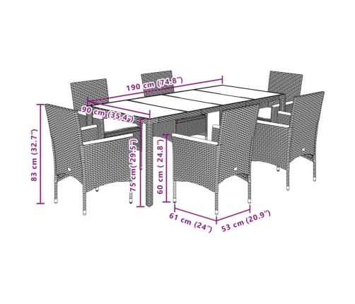 Set comedor jardín 7 pzas y cojines ratán sintético vidrio gris