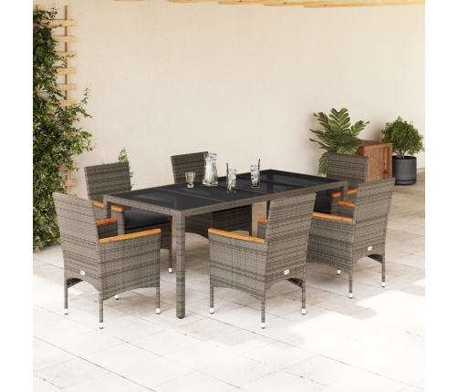 Set comedor jardín 7 pzas y cojines ratán sintético vidrio gris