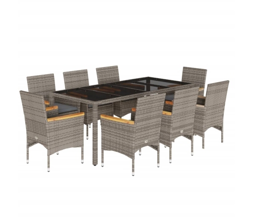 Set comedor jardín 9 pzas y cojines ratán sintético vidrio gris