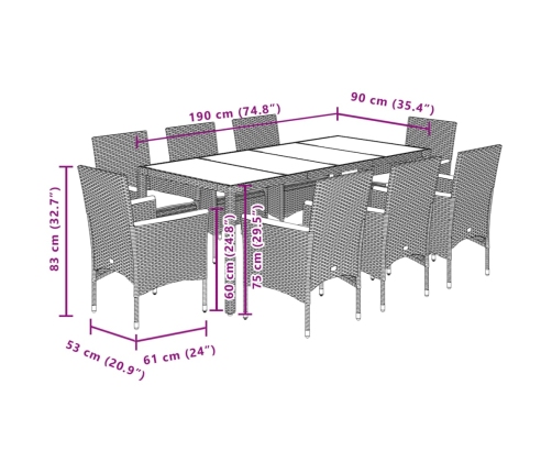 Set comedor jardín 9 pzas y cojines ratán sintético vidrio gris