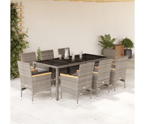 Set comedor jardín 9 pzas y cojines ratán sintético vidrio gris