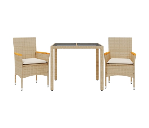 Set comedor jardín 3 pzas cojines ratán sintético vidrio beige