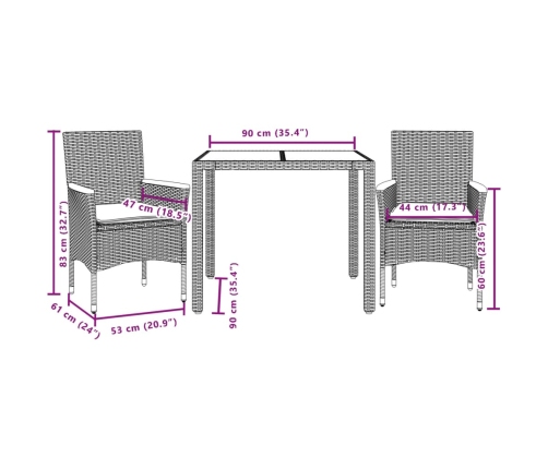 Set comedor jardín 3 pzas cojines ratán sintético vidrio beige