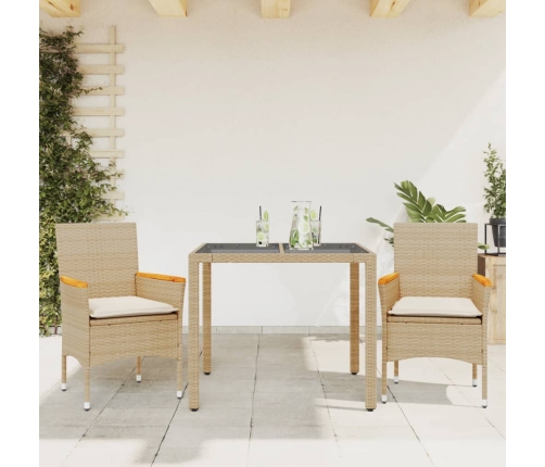 Set comedor jardín 3 pzas cojines ratán sintético vidrio beige