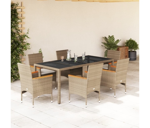 Set comedor jardín 7 pzas cojines ratán sintético vidrio beige
