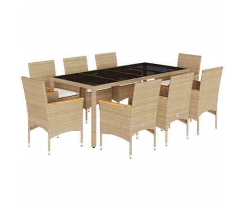 Set comedor jardín 9 pzas cojines ratán sintético vidrio beige