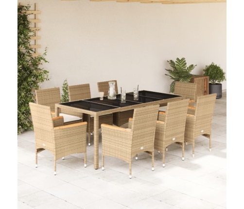 Set comedor jardín 9 pzas cojines ratán sintético vidrio beige