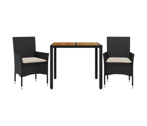 Set de comedor jardín 3 pzas con cojines ratán PE acacia negro