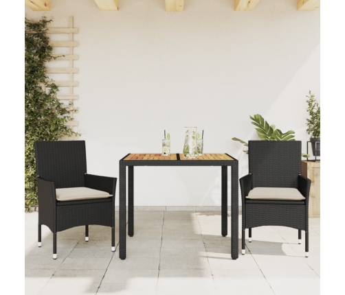 Set de comedor jardín 3 pzas con cojines ratán PE acacia negro
