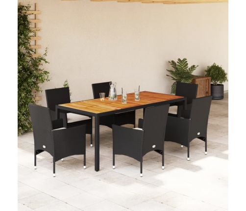 Set de comedor jardín 7 pzas con cojines ratán PE acacia negro