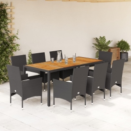 Set de comedor jardín 9 pzas con cojines ratán PE acacia negro