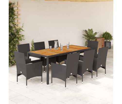 Set de comedor jardín 9 pzas con cojines ratán PE acacia negro