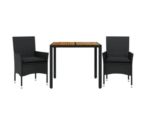 Set de comedor jardín 3 pzas con cojines ratán PE acacia negro