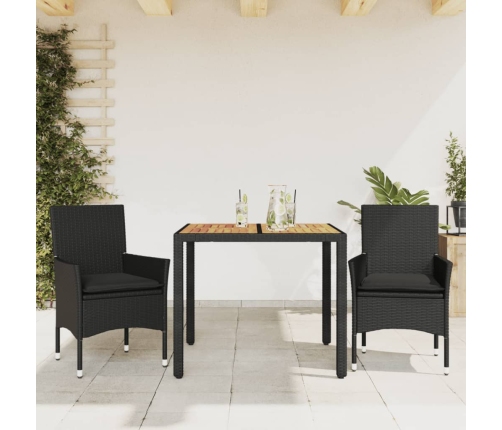 Set de comedor jardín 3 pzas con cojines ratán PE acacia negro