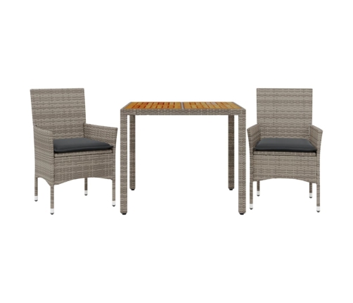 Set de comedor jardín 3 pzas con cojines ratán PE acacia gris