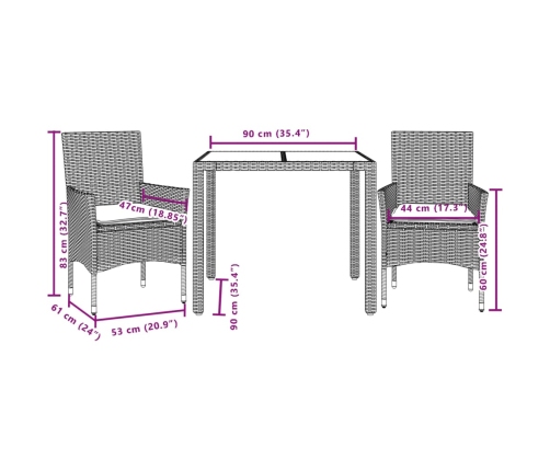 Set de comedor jardín 3 pzas con cojines ratán PE acacia gris