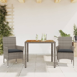 Set de comedor jardín 3 pzas con cojines ratán PE acacia gris