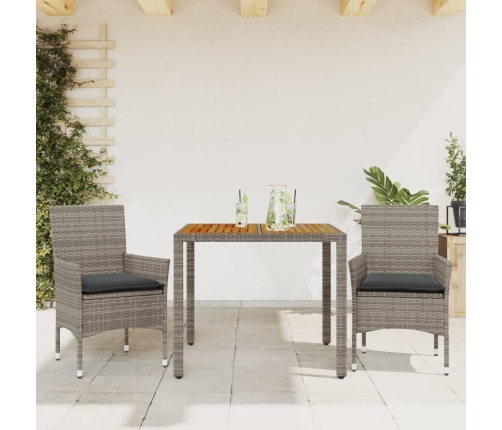 Set de comedor jardín 3 pzas con cojines ratán PE acacia gris