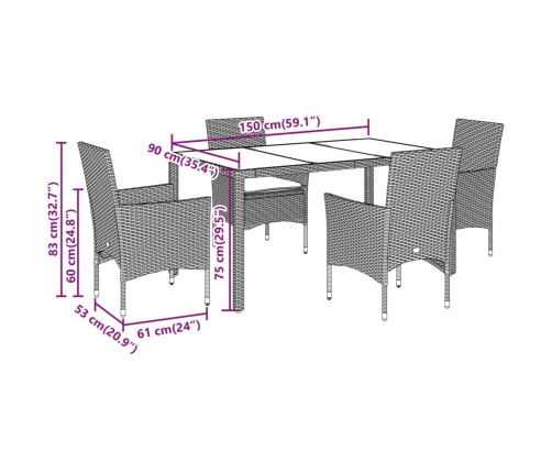 Set de comedor jardín 5 pzas con cojines ratán PE acacia gris