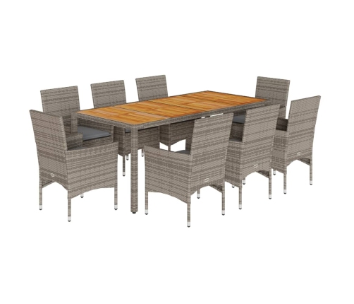 Set de comedor jardín 9 pzas con cojines ratán PE acacia gris