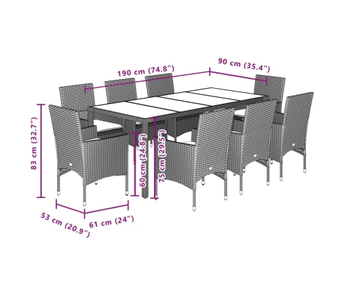 Set de comedor jardín 9 pzas con cojines ratán PE acacia gris