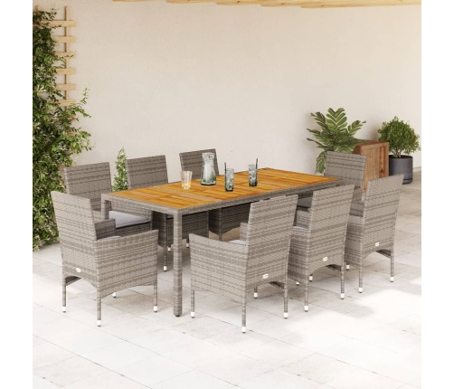 Set de comedor jardín 9 pzas con cojines ratán PE acacia gris