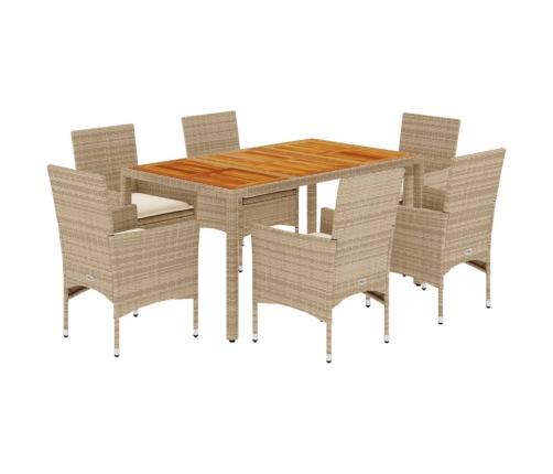 Set de comedor jardín 7 pzas con cojines ratán PE acacia beige