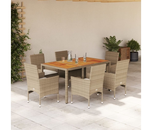 Set de comedor jardín 7 pzas con cojines ratán PE acacia beige