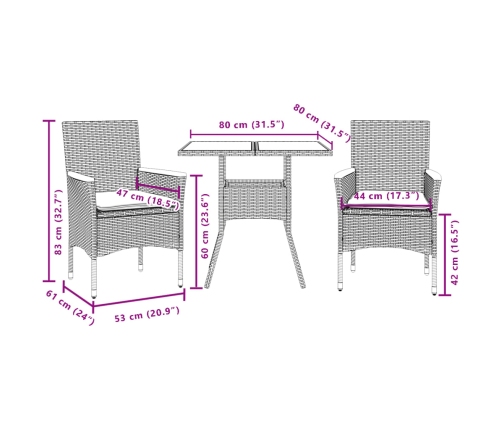 Set de comedor jardín 3 pzas con cojines ratán PE acacia gris