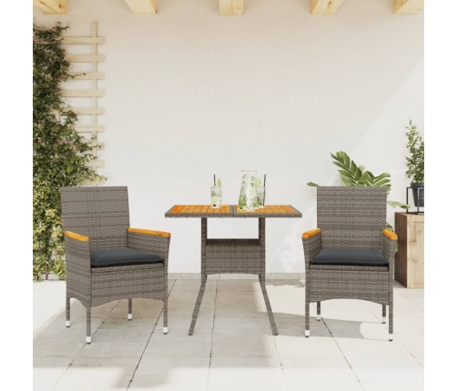 Set de comedor jardín 3 pzas con cojines ratán PE acacia gris