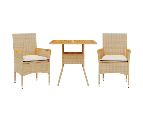 Set de comedor jardín 3 pzas con cojines ratán PE acacia beige
