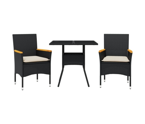 Set comedor jardín 3 pzas cojines ratán sintético vidrio negro